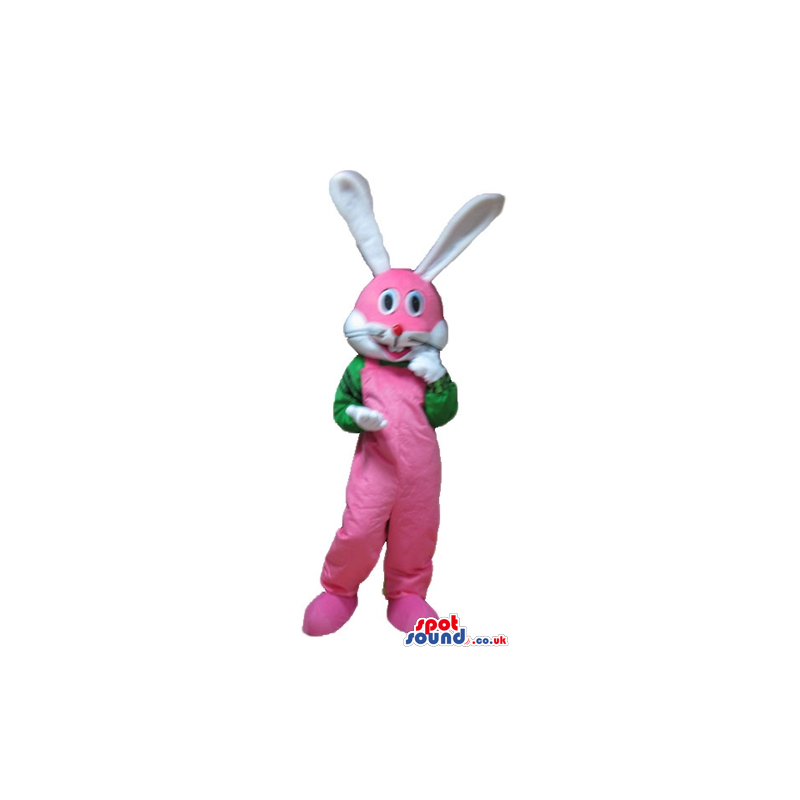 Pink rabbit with long white ears wearing a green jacket -