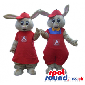 Twin grey mice wearing a red dress and cap and a blue shirt