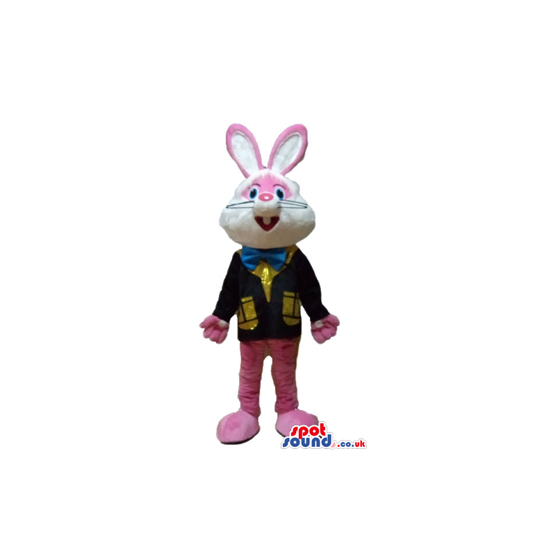 Pink rabbit wearing a black jacket with golden details, a