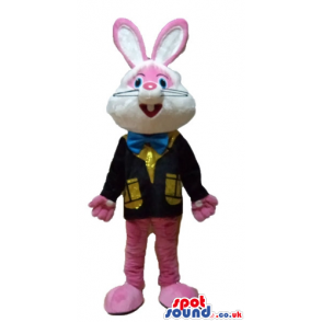 Pink rabbit wearing a black jacket with golden details, a