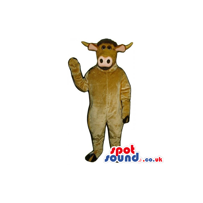 Cow mascot with brown fur, big pink nose and fancy ears -