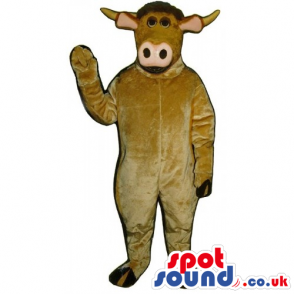 Cow mascot with brown fur, big pink nose and fancy ears -