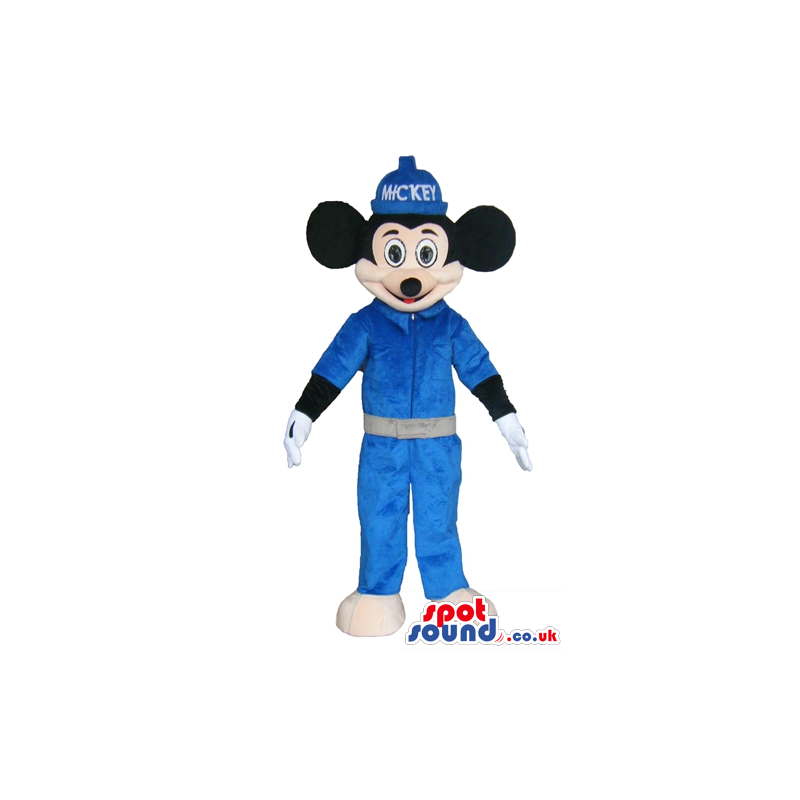 Mickey mouse wearing a blue cap, blue shirt and blue trousers -