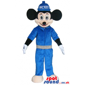 Mickey mouse wearing a blue cap, blue shirt and blue trousers -