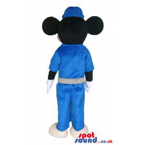 Mickey mouse wearing a blue cap, blue shirt and blue trousers -