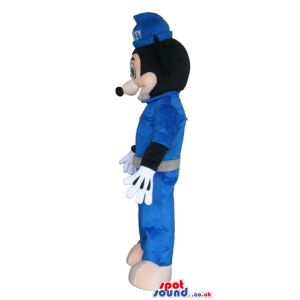 Mickey mouse wearing a blue cap, blue shirt and blue trousers -
