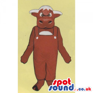 Angry looking brown cow mascot with red overalls and black hooves