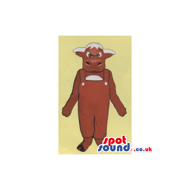 Angry looking brown cow mascot with red overalls and black