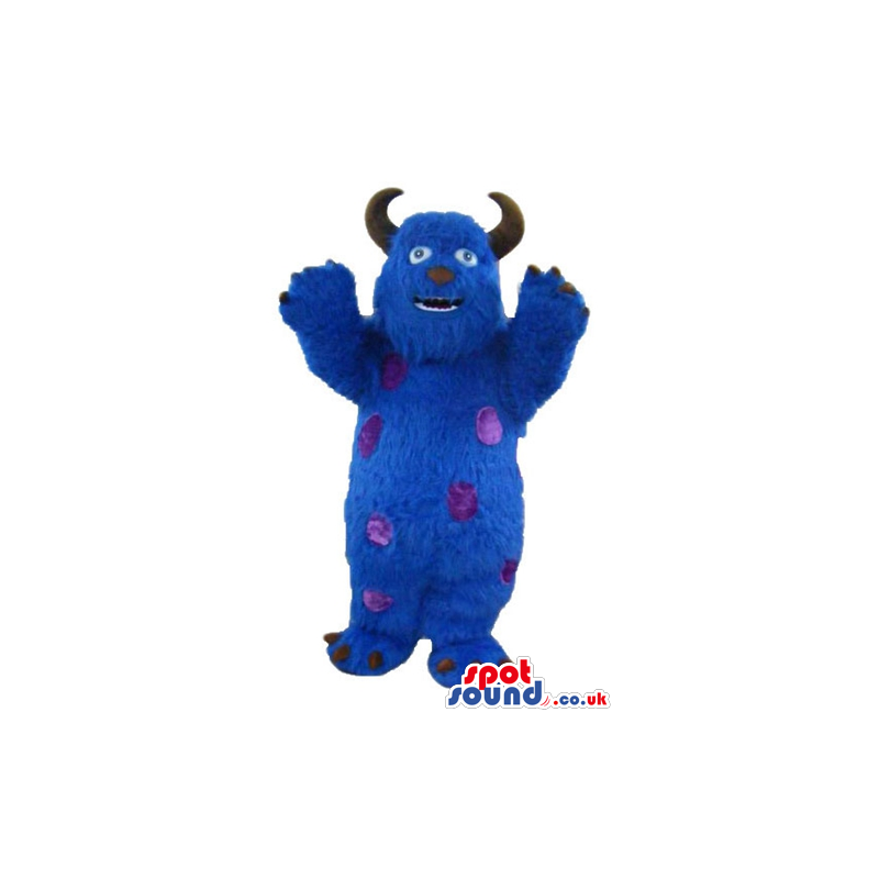 Blue furry monster with brown horns and claws and violet dots -