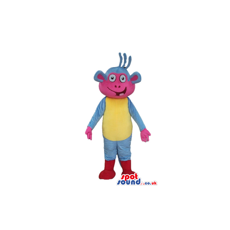 Purple monkey with three antennae, a yellow belly and pink face