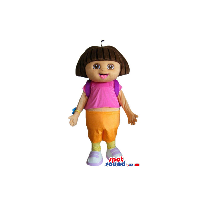 Dora the explorer with long brown hair wearing a pink shirt