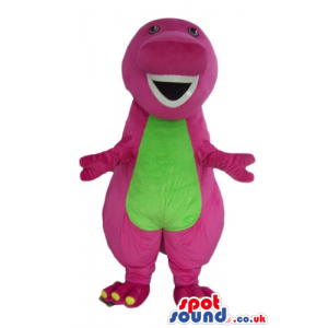 Pink dinosaur with green belly and white teeth - Custom Mascots