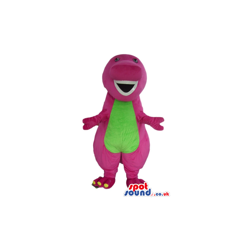 Pink dinosaur with green belly and white teeth - Custom Mascots