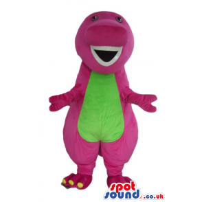 Pink dinosaur with green belly and white teeth - Custom Mascots