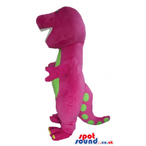 Pink dinosaur with green belly and white teeth - Custom Mascots