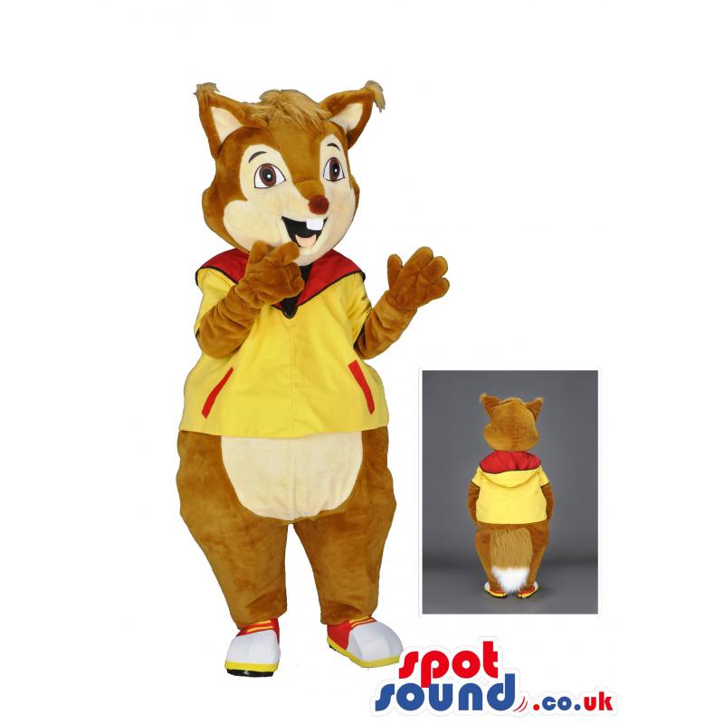 Bunny mascot in a yellow hoody with white and red shoes -