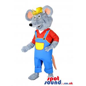 Rat mascot with blue jumper and red t-shirt and in a yellow cap