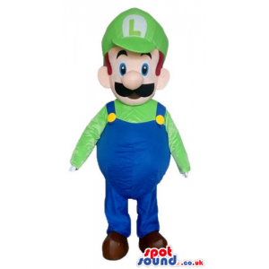 Mascot costume of super mario bros wearing a green shirt -