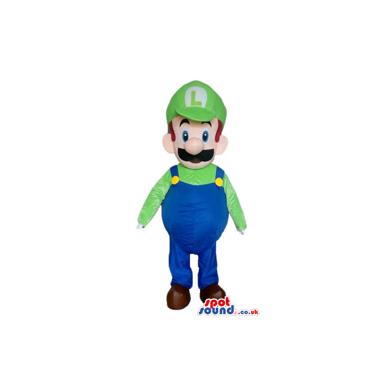 Mascot costume of super mario bros wearing a green shirt -