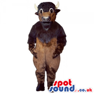 Brown standing bull mascot with dark  brown hooves and a beard