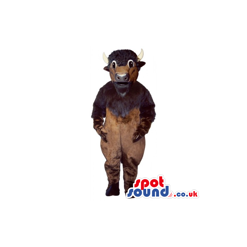 Brown standing bull mascot with dark brown hooves and a beard -