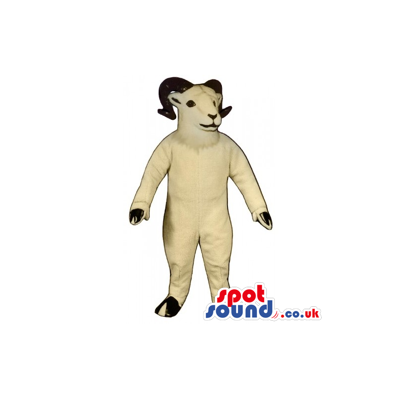 Beige standing Ram mascot with black curly horns and hooves -