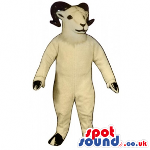 Beige standing Ram mascot with black curly horns and hooves -