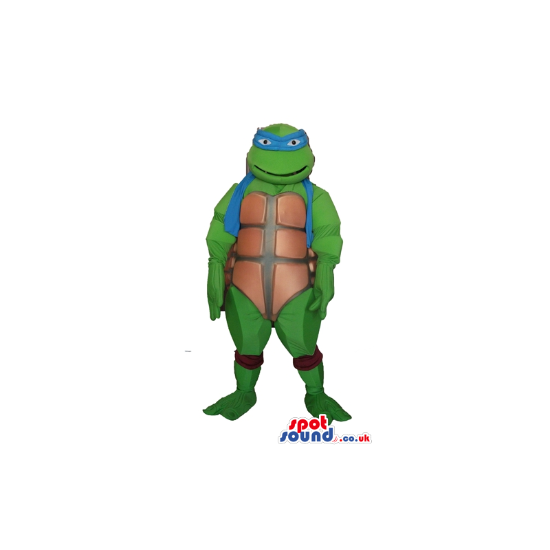 Green turtle wearing a blue mask round the eyes - Custom Mascots