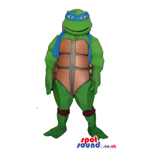Green turtle wearing a blue mask round the eyes - Custom Mascots