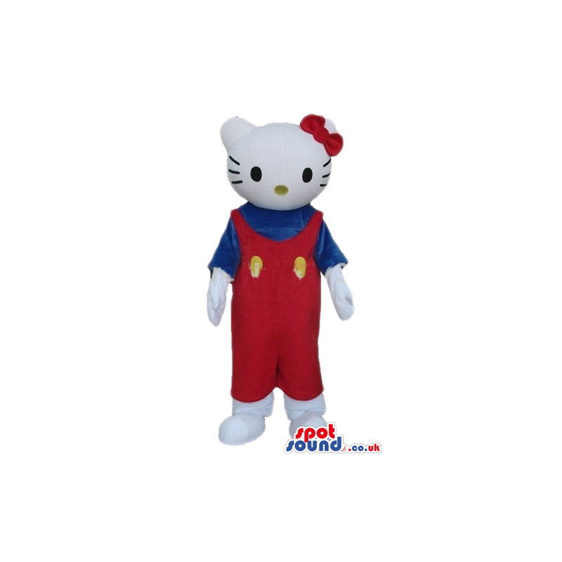 Hello kitty with a red bow wearing a blue shirt and red