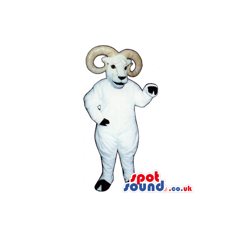 Smiling white ram mascot with ivory horns and black hooves -