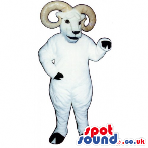 Smiling white ram mascot with ivory horns and black hooves -