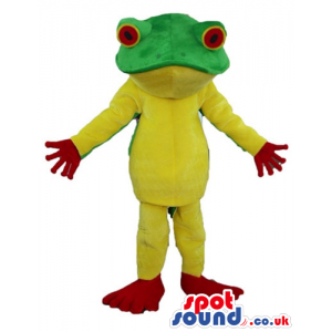 Yellow and green frog with big eyes and red hands and feet -