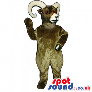 Brown standing ram mascot with ivory horns and black hooves -