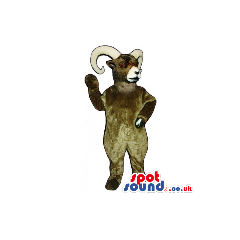 Brown standing ram mascot with ivory horns and black hooves -