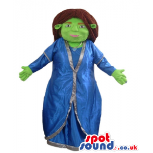Green woman with long brown hair wearing a long blue dress with