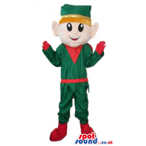 Elf wearing green and red clothes, a matching hat and yellow