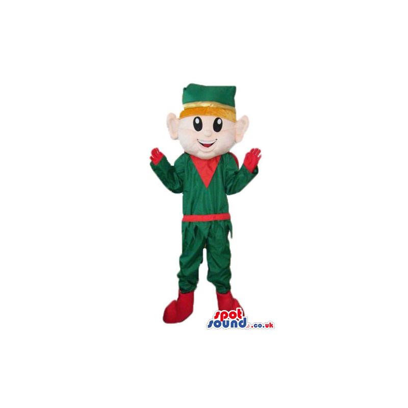 Elf wearing green and red clothes, a matching hat and yellow
