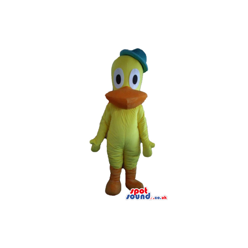 Yellow duck with orange beak and legs, big ears wearing a blue