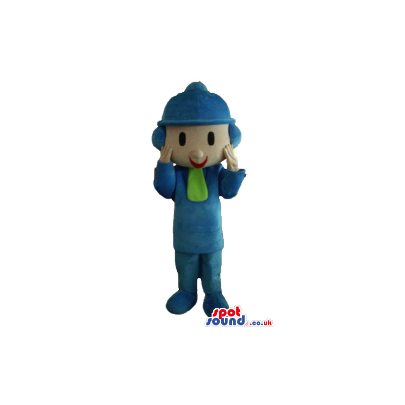 Boy wearing blue clothes and hat and a green scarf - Custom