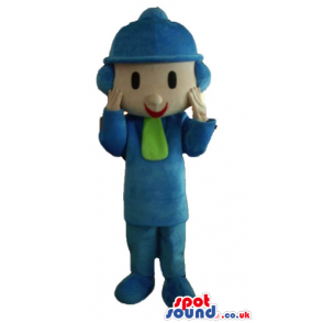 Boy wearing blue clothes and hat and a green scarf - Custom