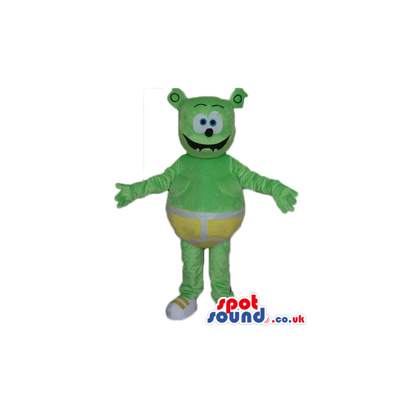 Green bear with big blue eyes wearing yellow underwear and