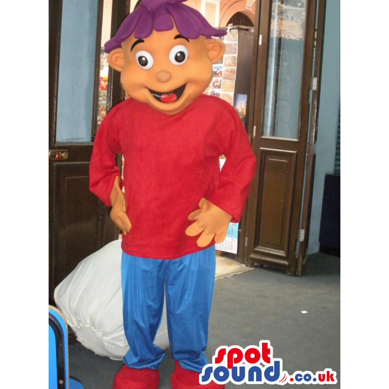 Boy With Purple Hair Wearing Red Shirt And Shoes With Blue