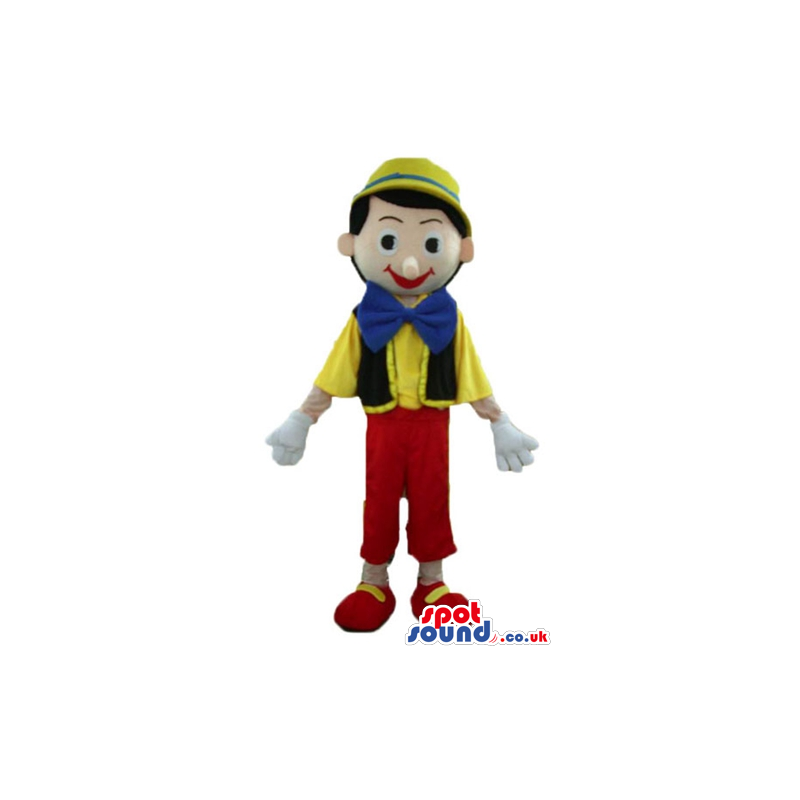 Pinnochio wearing red trousers, a yellow shirt, a black vest, a