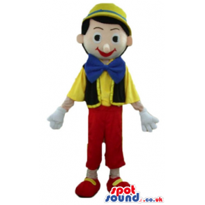 Pinnochio wearing red trousers, a yellow shirt, a black vest, a