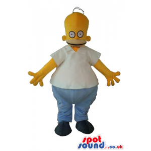 Homer simpson wearing blue jeans, black shoes and a white