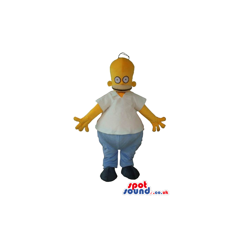 Homer simpson wearing blue jeans, black shoes and a white