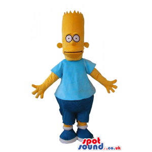 Bart simpson wearing blue shorts and shoes, white socks and a