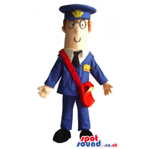 Postman wearing glasses, a blue suit, a white shirt, black tie