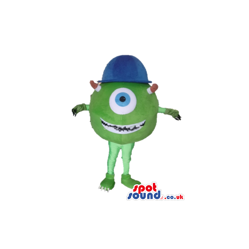 Single-eyed green monster with 2 arms and legs wearing a blue